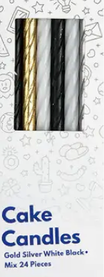 Geburtstagskerzen, 9 cm, 24 Stück Mix Schwarz/Gold/Silber