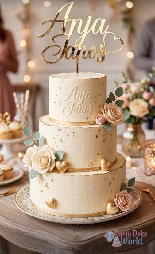 Topper na tort Anja und Janos z sercem, złote lustro