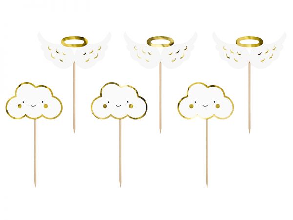Cupcake Topper - Weiß/Gold - Wolken und Flügel - 6 Stück