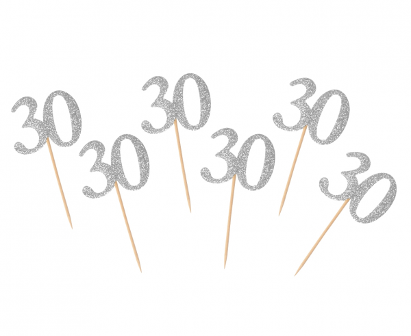 Cupcake/Muffin Topper - Zahl 30 - silber Glitzer - 6Stück 10cm