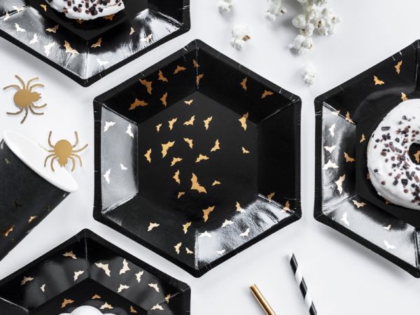 Teller - Papier - Halloween - Fledermäuse - Schwarz/Gold -20cm - 6 Stück