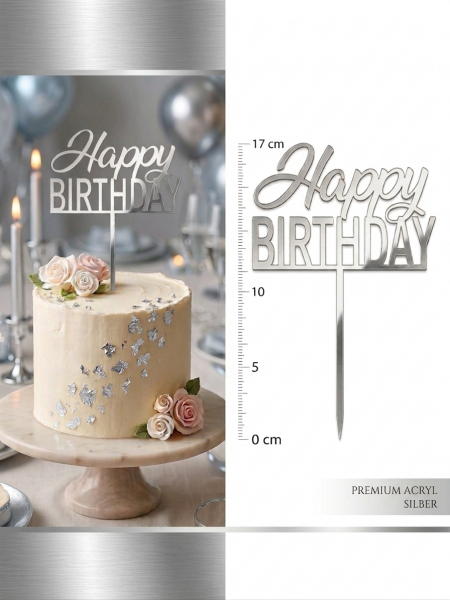 Topper - Happy Birthday - Acryl - Silber Spiegel - 17 x 12,5cm