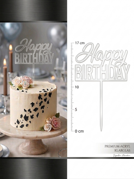 Topper - Happy Birthday - Acryl - Durchsichtig - 17 x 12,5cm