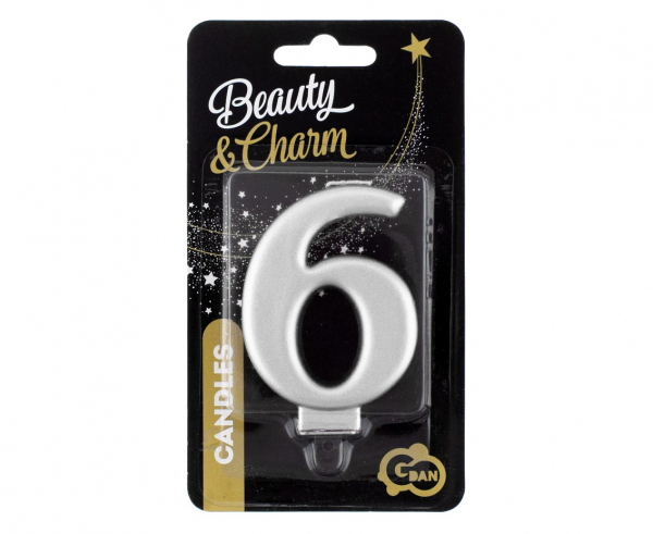 Kerze - Zahl - 6 - Silber - 8cm