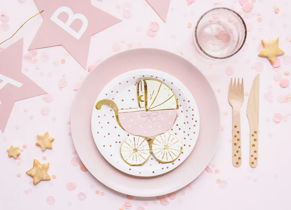 Servietten - Baby Kinderwagen - rosa/gold - 14x15cm - 20 Stück