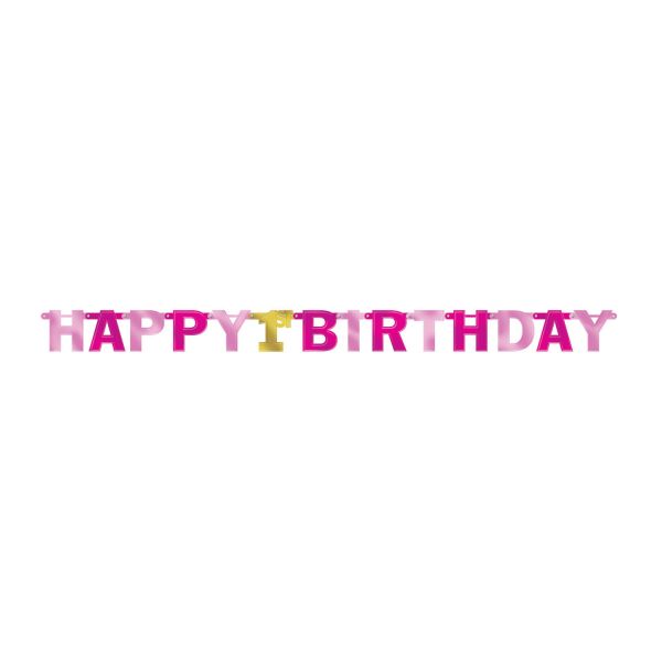 Banner/Girlande - 1st Birthday/Erster Geburtstag - Happy 1st Birthday - Pink/Gold - 2.13m