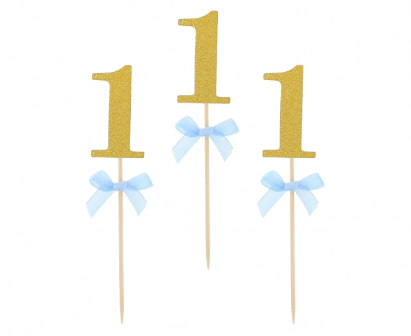 Cupcake Topper - 1st Birthday/Erster Geburtstag - glitzer mit blauer Schleife - 10Stück
