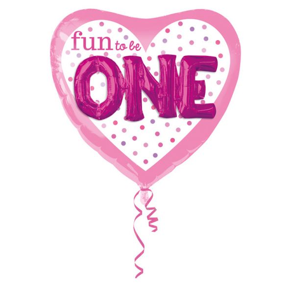 Folienballon - 3D - 1st Birthday/Erster Geburtstag - fun to be One - Rosa - Herz - 91cm