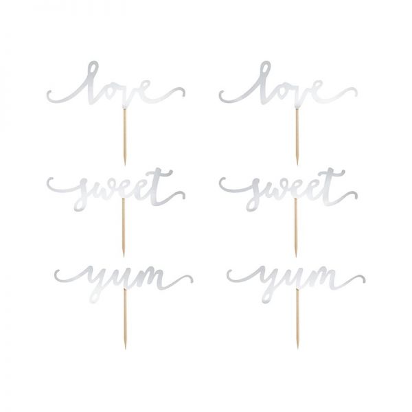 Cake & Cupcake Topper - "Love. Sweet & Yum" - Silber - 6 Stück