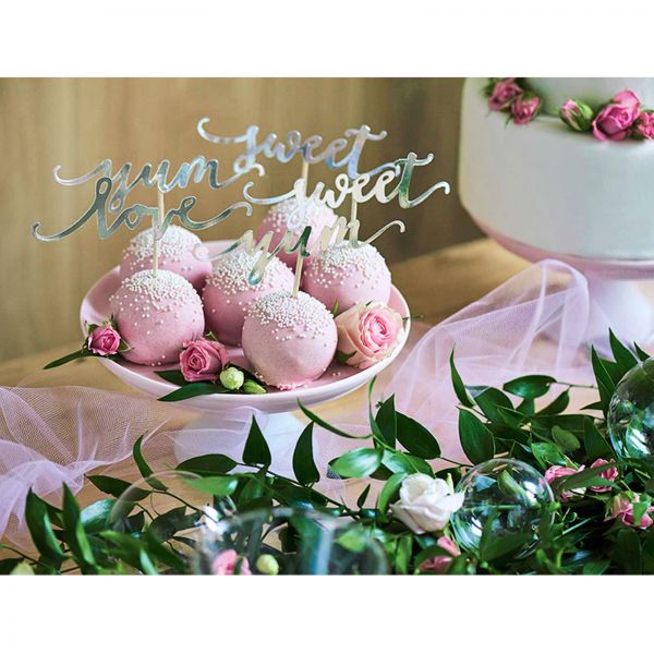 Cake & Cupcake Topper - "Love. Sweet & Yum" - Silber - 6 Stück