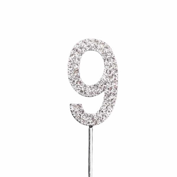 Cake Topper - Diamanten - Zahl 9 - Silber - 10.5cm