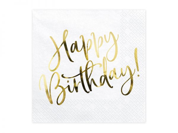 Servietten - Happy Birthday - Weiß/Gold metallisch - 33x33cm - 20Stück