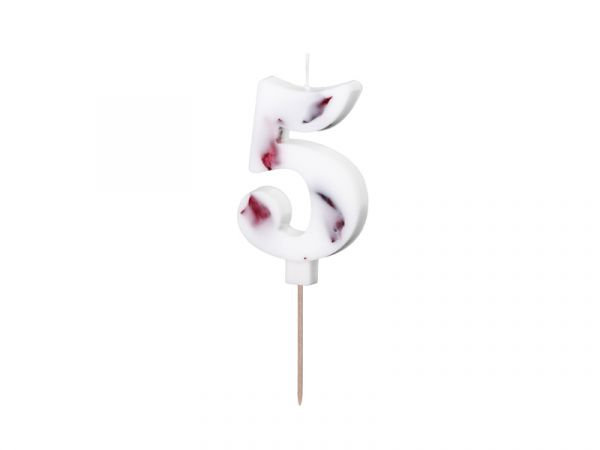 Kerze - Zahl - 5 - Weiß mit Blütenblättern - 8cm