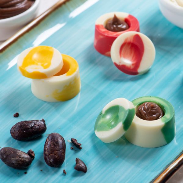 Schokoladen / Pralinenform Rund - 10 Hohlkörper - ø 30 x 5 15 h mm Form 200 x 120 x 20 h mm