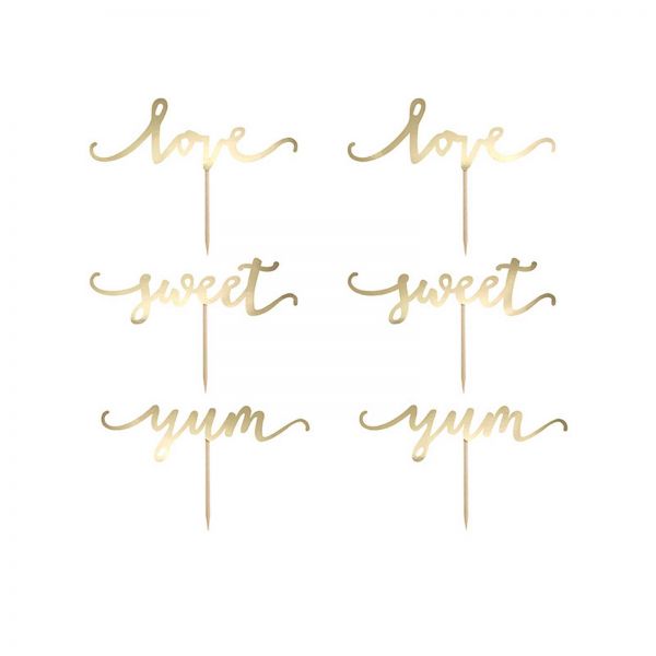 Cake & Cupcake Topper - "Love. Sweet & Yum" - Gold - 6 Stück