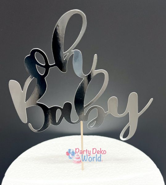 Caketopper - Papier - Silber - Oh Baby - 15,5 x 15 cm