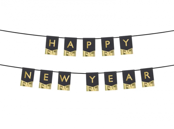 Banner/Girlande - Happy New Year - Schwarz/Gold - 135x16.5cm