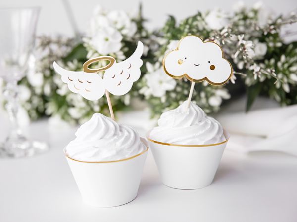 Cupcake Topper - Weiß/Gold - Wolken und Flügel - 6 Stück
