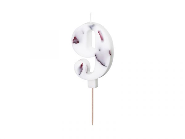 Kerze - Zahl - 9 - Weiß mit Blütenblättern - 8cm